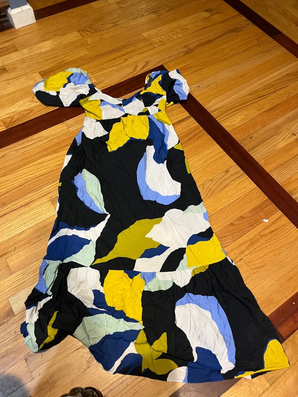 Black Abstract Floral Midi Dress with Yellow & Blue Accents